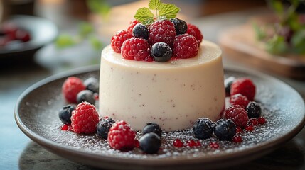 Creamy Panna Cotta Dessert Topped With Raspberries And Blueberries
