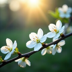 Spring white flowers on branches in morning dew, morning, flower