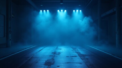 A dark, empty street with abstract blue asphalt serves as a backdrop for a studio room with neon lights, spotlights, and smoke, creating an interior texture for product displays