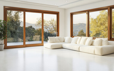 Modern living room with large windows overlooking serene outdoor landscape in soft afternoon light
