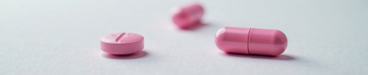 three pink pills scattered across a light grey background with subtle hard shadows and reflections, layered composition, texture