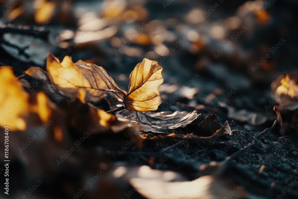 Poster a close-up image of a single leaf lying on the ground, with intricate details visible