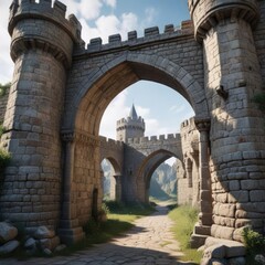 Fototapeta premium A fortified fortress with a pointed arch and battlements, medieval stone wall, defensive walls, gothic architecture