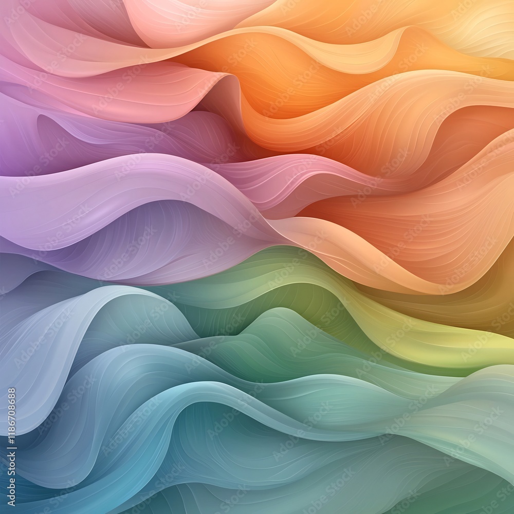 Poster abstract background featuring flowing iridescent wavy forms in a vibrant color palette of warm vivid