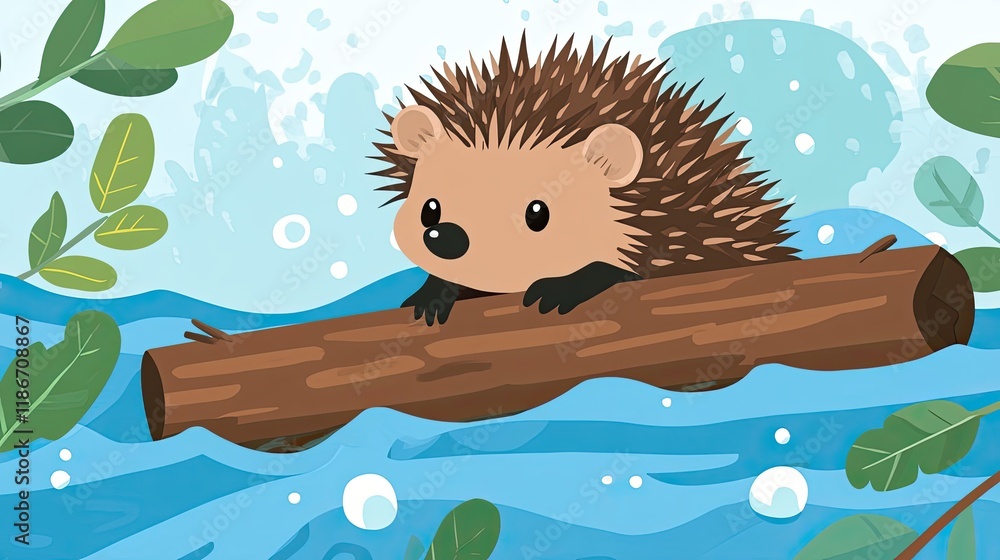 Poster adorable hedgehog floating on a log in water