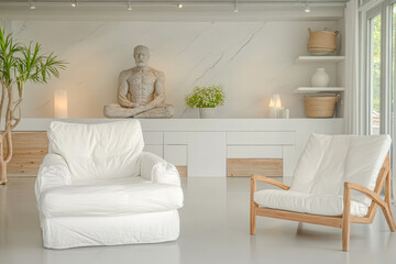 Modern living room with minimalistic decor and a large statue in serene atmosphere