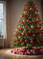 A festive Christmas tree adorned with colorful ornaments, including shiny red balls and iridescent glass decorations in the soft glow of twinkling lights, festive, evergreen, winter