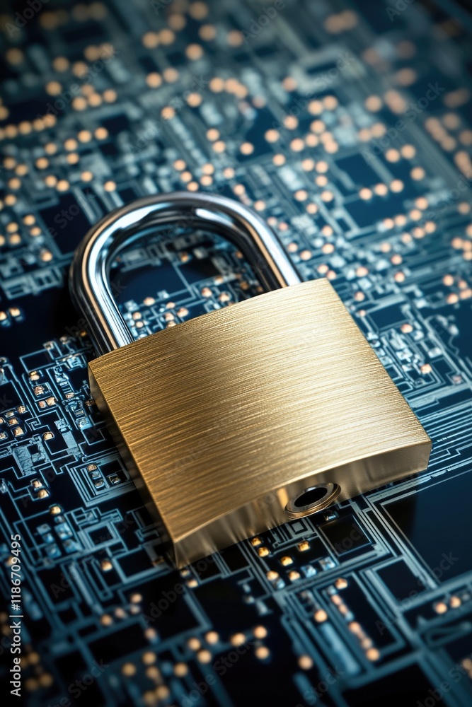 Poster a padlock secured on top of a computer circuit board, perfect for tech and security themes