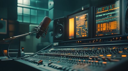 Fototapeta premium Professional recording studio equipment with microphone and mixing console