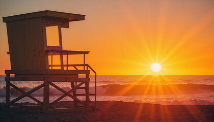 Lifeguard tower silhouetted against vibrant sunset over ocean, tranquility
