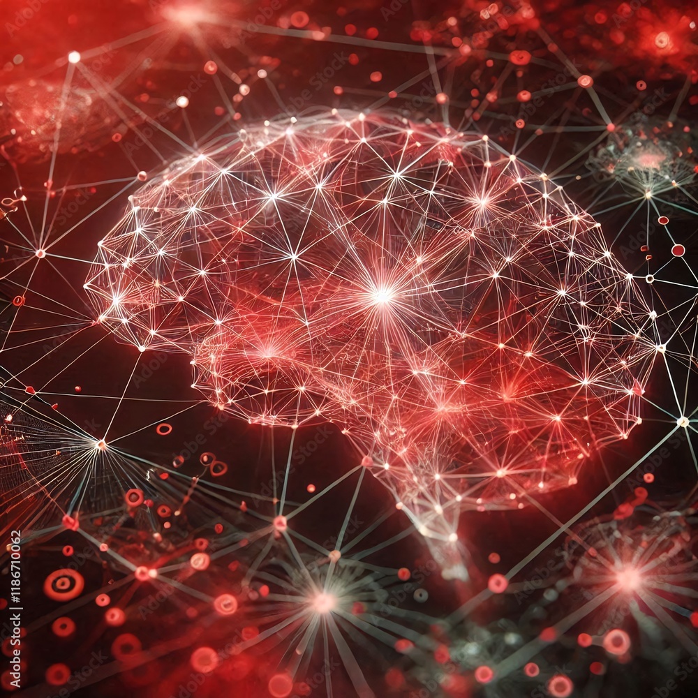 Poster neural lowpoly ai futuristic red network of abstract connection background
