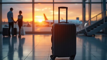 lost black hardshell carry-on roller luggage sits unattended at baggage reclaim area at airport at sunset, its sleek design and sturdy construction catching last rays of day