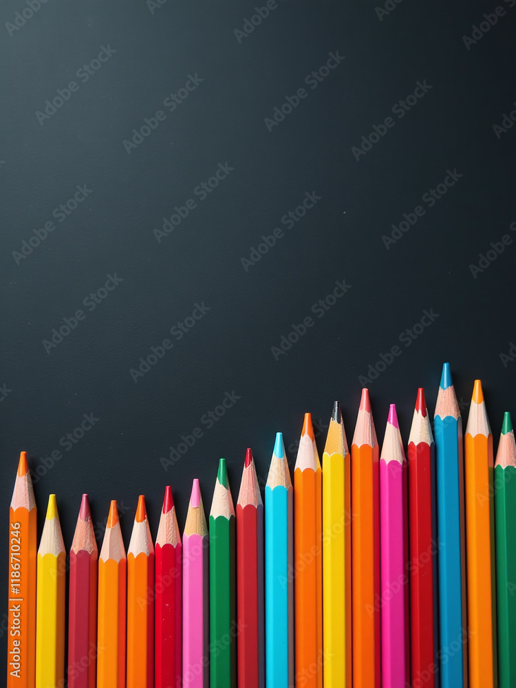 Poster colorful wooden pencils arranged in a wave pattern along a blank blackboard create a vertical back t