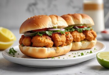 A delicious chicken vada pav sandwich arranged neatly on a bright and cheerful white plate, crispy exterior, restaurant quality