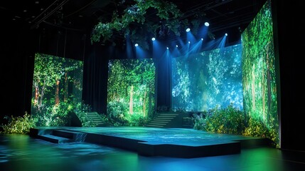 Obraz premium A wide-stage setup for a green product launch, blending futuristic design with dynamic environmental projections of forest canopies