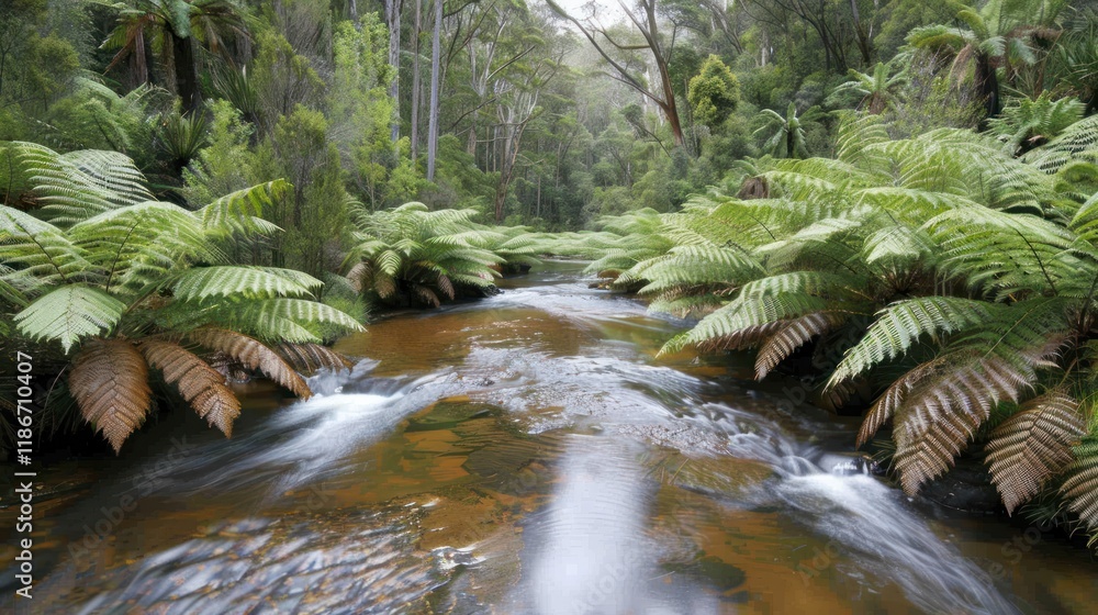 Poster lush ferns line a slow-moving stream in a temperate rainforest.