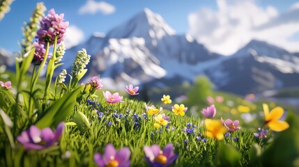 Obraz premium Vibrant Spring Meadow Blossoms Against Majestic Mountain Peaks