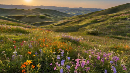 Fototapeta premium a vivid scene of rolling hills blanketed in colorful wildflowers, ai