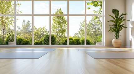 Serene Yoga Studio Room Sunlight Garden View Minimalist Mats