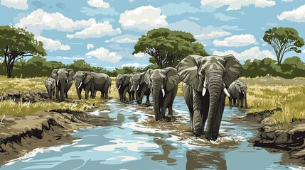 Elephant Herd Crossing Shallow Water In African Savanna