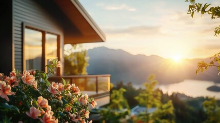 Fototapeta premium Peaceful Sunset View from Modern Home Balcony with Blooming Flowers