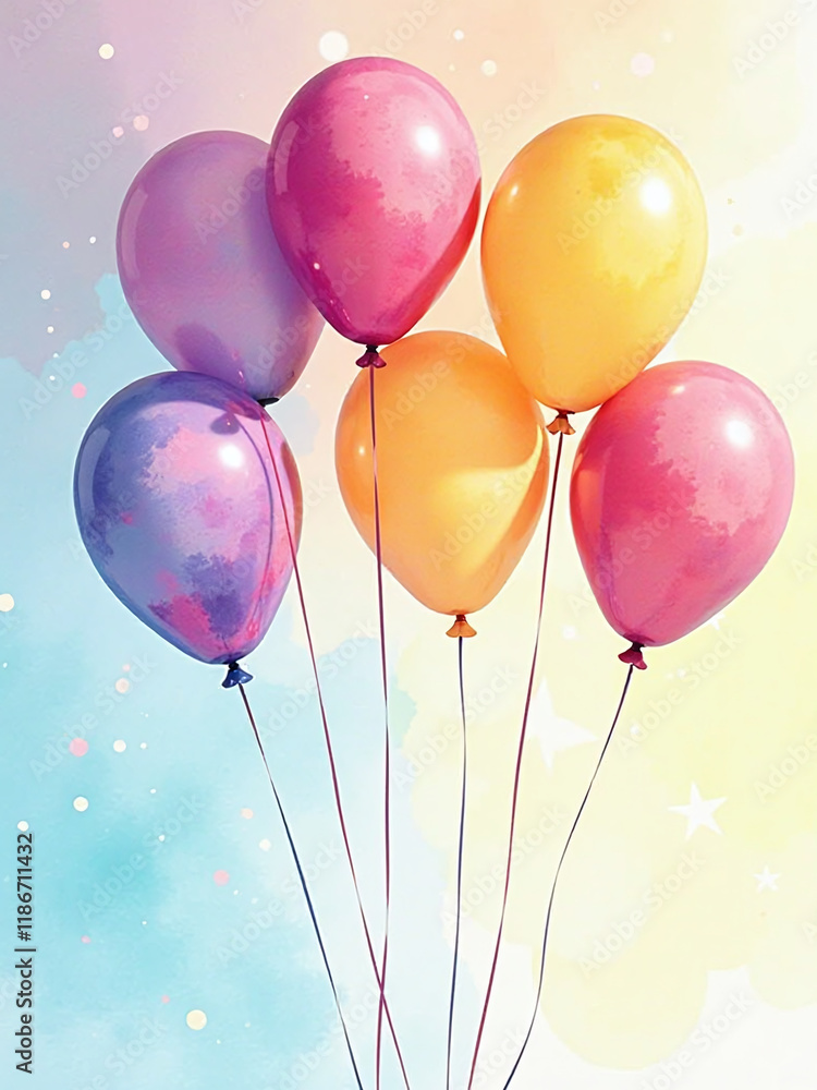 Poster colorful watercolor design features balloons floating above a bright background with plenty of space