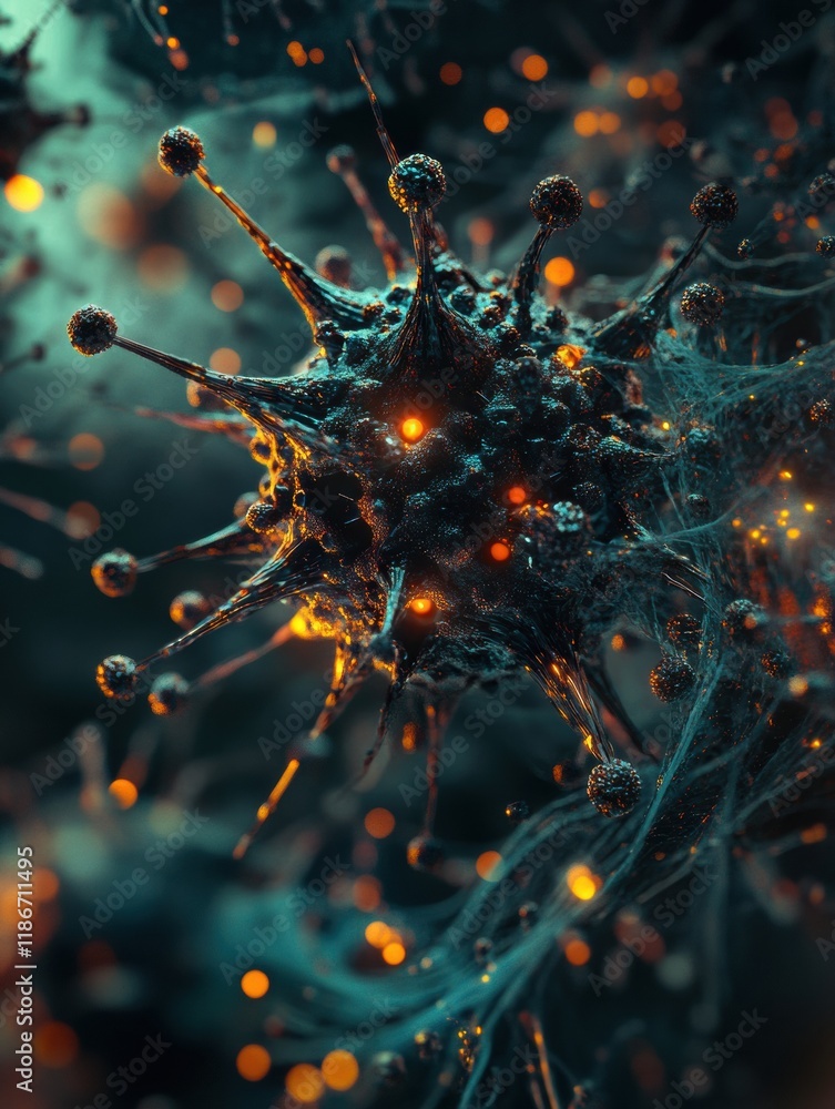 Poster detailed visualization of a virus structure showing capsid spikes and glowing rna strands in a vibra