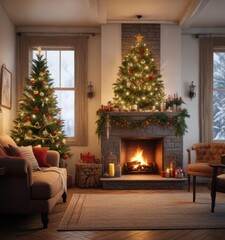 A decorated Christmas tree in a cozy living room with a fireplace, holiday decor, cozy ambiance, festive atmosphere