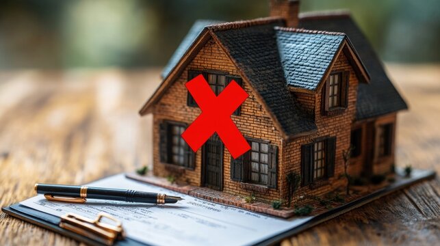 A small model house with a red cross symbol on the rooftop, representing rejected or denied applications