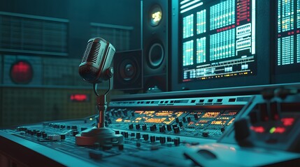 Fototapeta premium Retro Microphone in Professional Recording Studio Setup