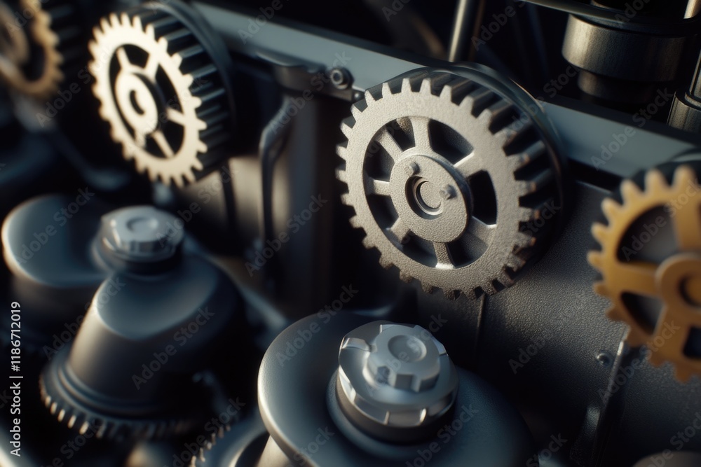 Poster a close-up view of a set of interlocking gears on a mechanical device, ideal for use in illustration
