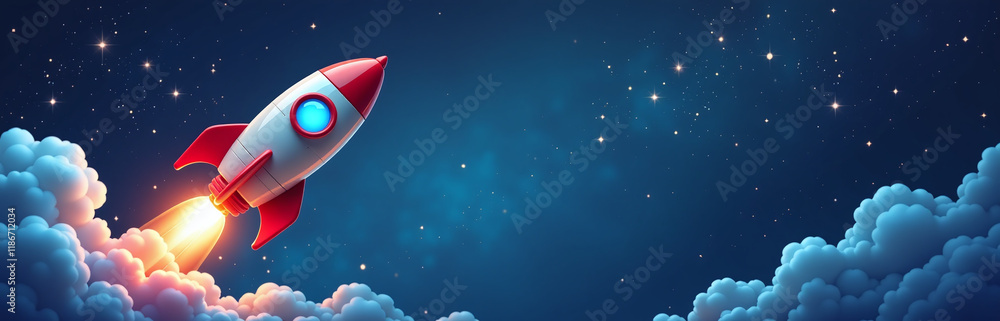 Poster Colorful Toy Rocket Soaring Through Space With A Galaxy Background For Copy Space To Insert Images Or Text Freely. 00003