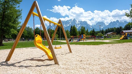 Fototapeta premium Sunny Day Playground Fun Mountain View Childrens Swings Slide Alpine Landscape