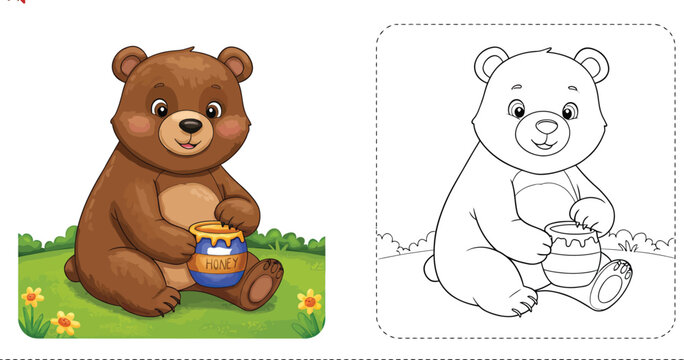 Colouring Book Page With a Bear and a Honey Pot. Adobe Illustrator Artwork for chlidren