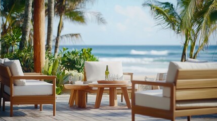 Obraz premium Tranquil Beachfront Patio Relaxation Scene with Wooden Furniture