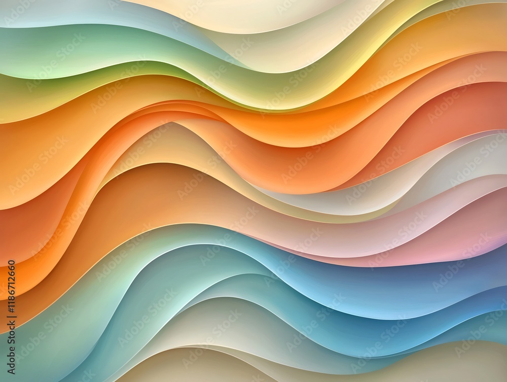 Poster mesmerizing abstract background with undulating iridescent wavy shapes in a vivid spectrum of warm v