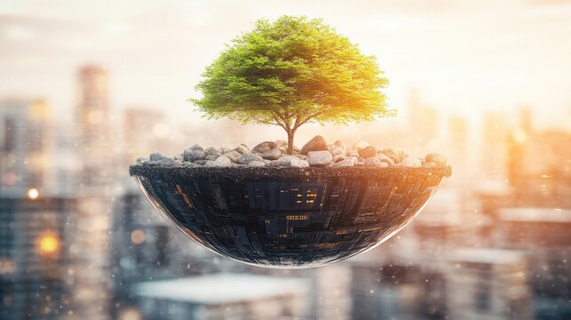 Urban Oasis: A Green Tree Thriving on a Futuristic Island above the Cityscape