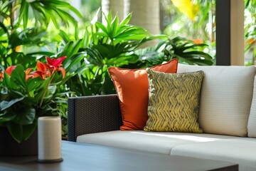 Serene Patio Sofa with Lush Greenery and Colorful Pillows