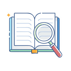 book with a magnifying glass vector icon, book day vector illustration - simple illustration of book with a magnifying glass perfect for logos, and book day-themed designs.