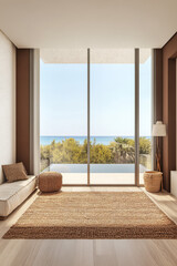 Fototapeta premium Bright modern interior with ocean view and natural light in a serene setting