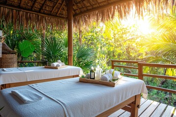 Fototapeta premium Tranquil Tropical Spa Setting Sunshine Serenity Massage Tables