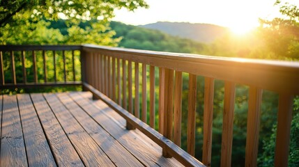 Serene Sunset View from Wooden Deck Railing Peaceful Nature Escape