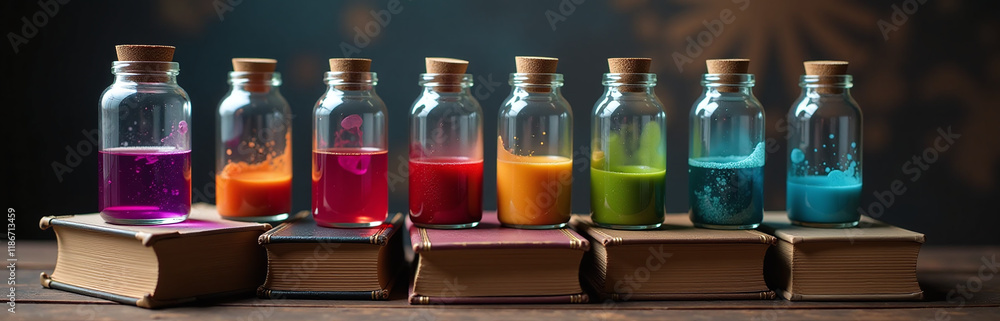 Poster colorful potions in glass jars stand on antique books in a whimsical display of magic and creativity