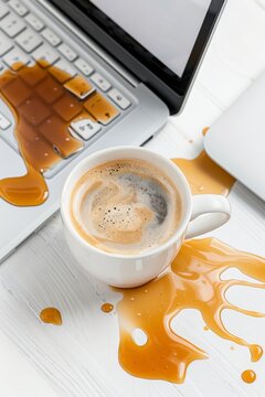 Coffee Catastrophe: A close-up shot showing a spilled cup of coffee on a laptop keyboard, creating a chaotic yet somewhat humorous scene. The coffee stain spreads across the keyboard.