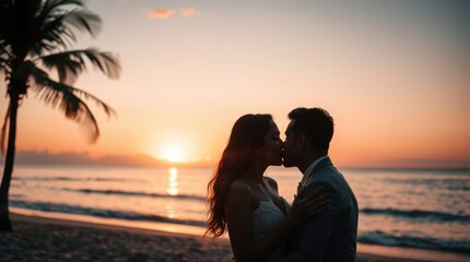 Fototapeta premium Romantic couple kissing at sunset on a beach, volumetric lighting, warm golden glow, radiant luxurious aesthetic 