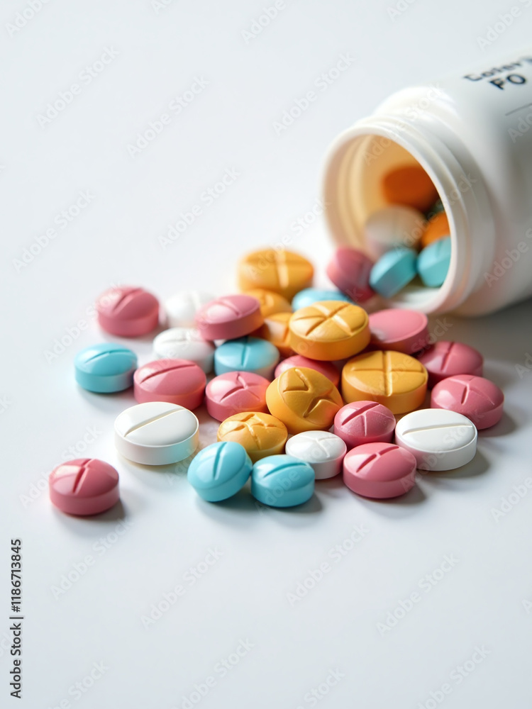 Aufkleber Colorful Pills Are Arranged Neatly On A Crisp White Background With Soft Backlighting To Create A Visually Appealing Image. 00001