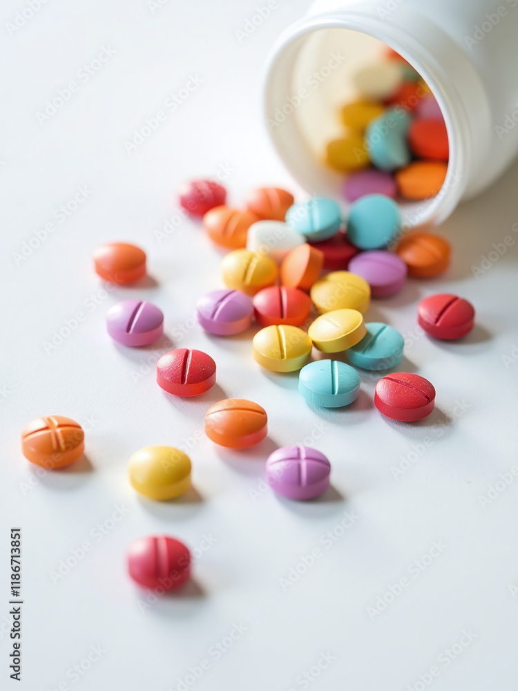 Poster Colorful Pills Are Arranged Neatly On A Crisp White Background With Soft Backlighting To Create A Visually Appealing Image. 00002
