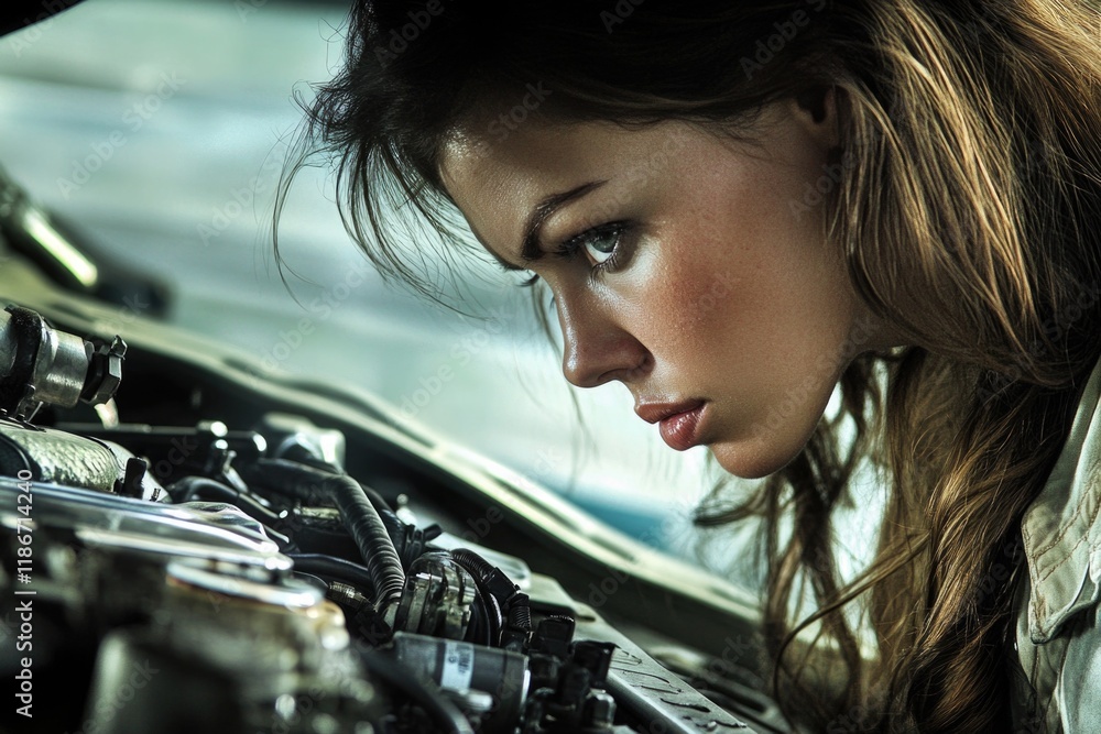 Poster a woman examining the internal mechanics of a vehicle's engine, with a focus on problem-solving and 