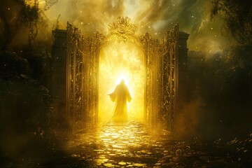 A depiction of God as a luminous figure standing at the entrance of a golden gate