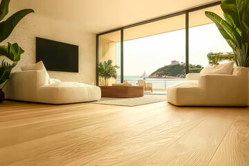 Luxurious beachfront living room with stunning ocean view and modern design